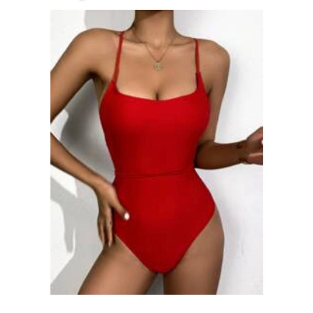 NWT Shein One Piece Swimsuit Size Large Red Solid Scoop Neck